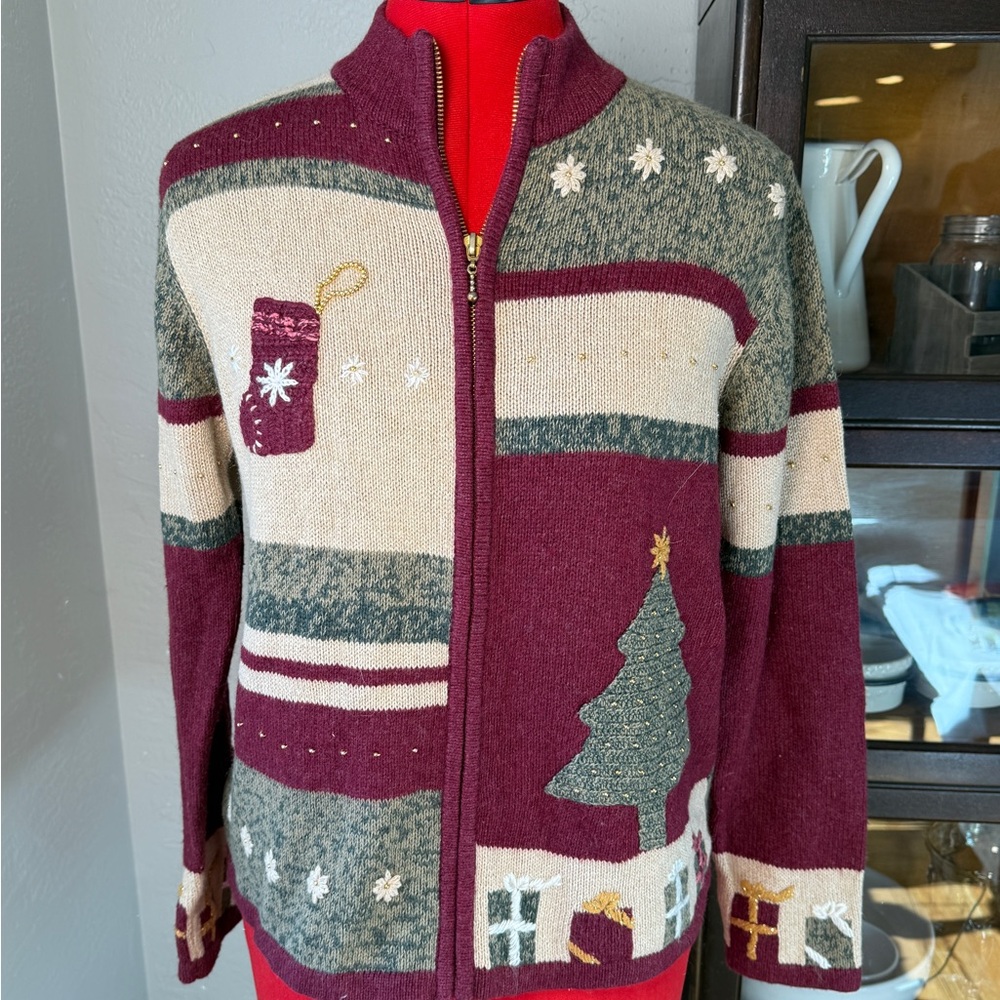 Christopher & Banks Vintage Christmas Tree and Stocking Zip Cardigan Size L